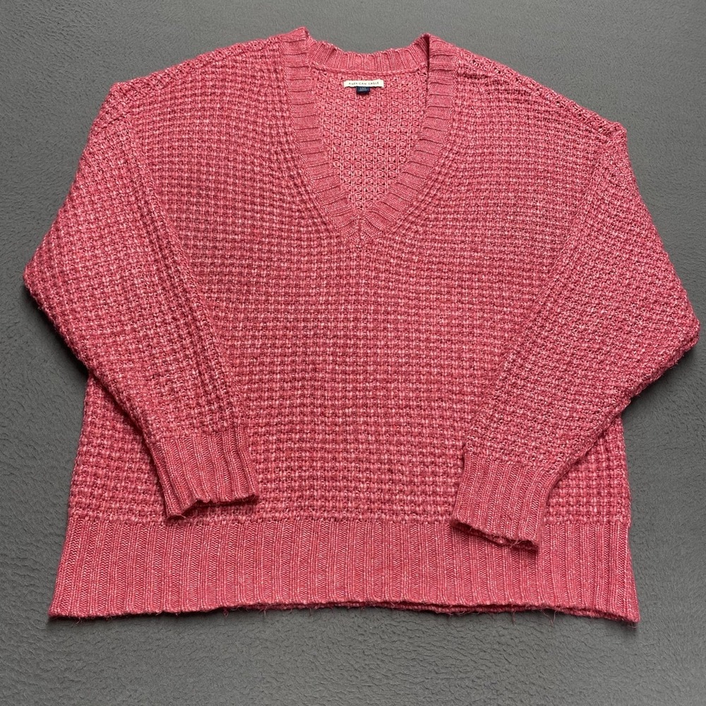 American Eagle Sweater Pullover Womens Large Pink V Neck Waffle-Knit Relaxed‎